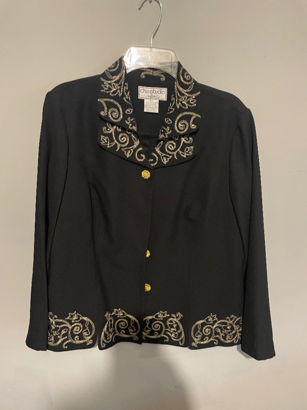 One studio women’s 14 P black suit, jacket with gold embroidery & embellishments